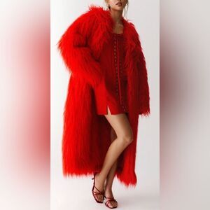 Nasty Gal Maxi Faux Mongolian Coat Red XS NWT IN PACKAGE